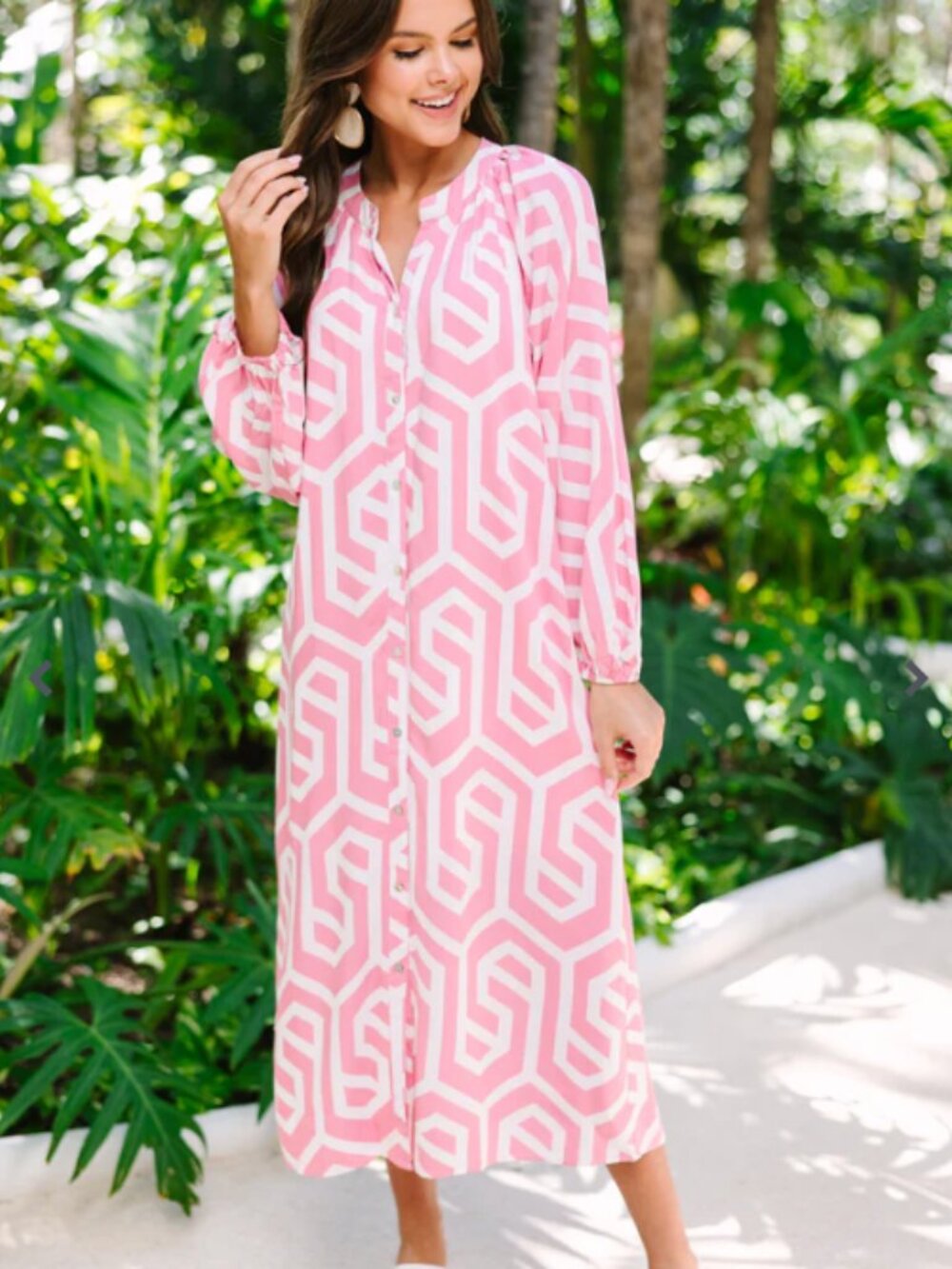 SSYS The Label Dress Womens Large Pink White Geometric Midi Button Front Cotton